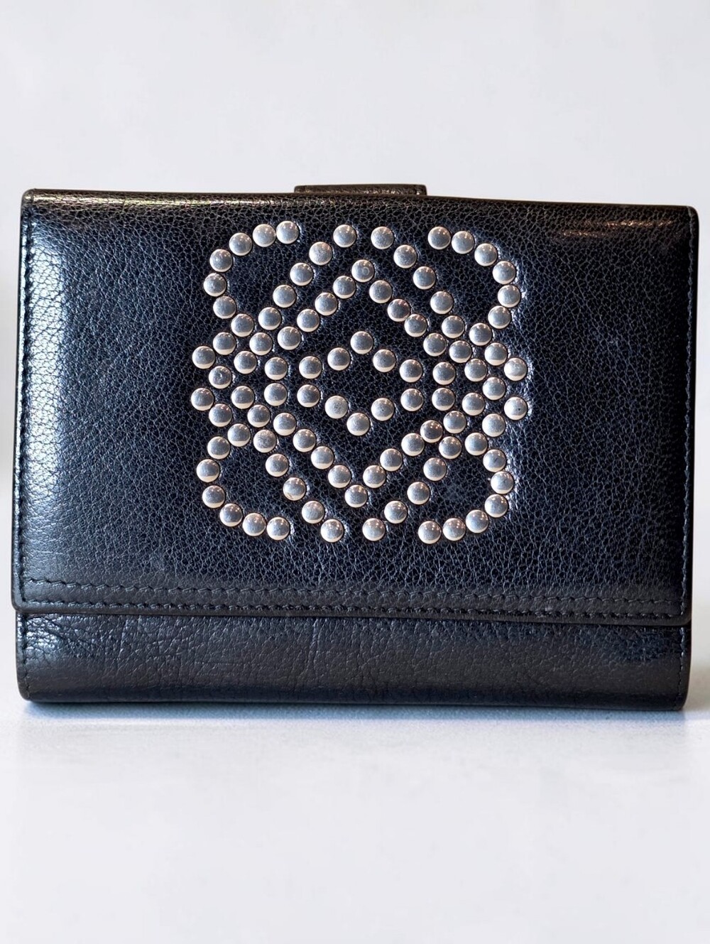 LOEWE Anagram Logo Studded Compact Wallet Black Leather